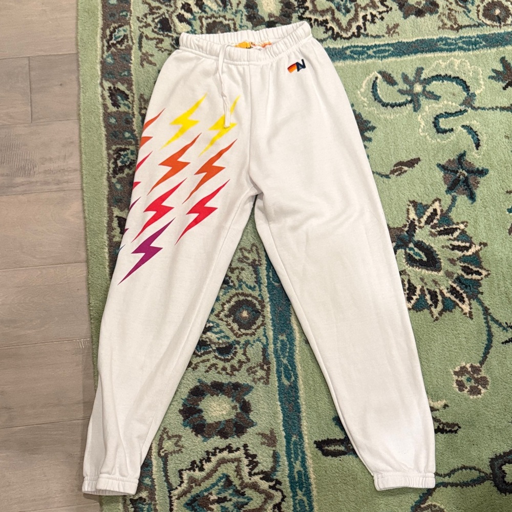 Aviator Nation White Joggers with Multicolor Lightning